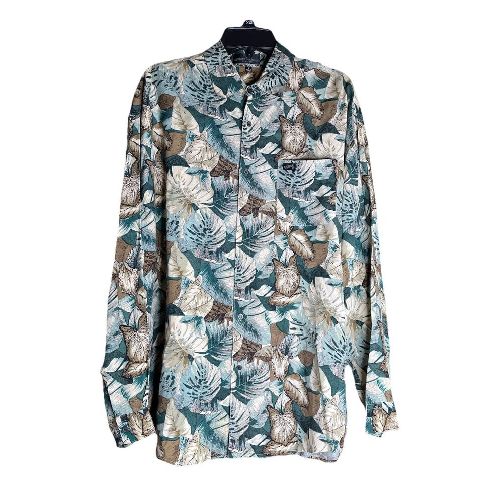 Vintage Guess by Georges Marciano Shirt Mens Sz 2 Rayon Leaves nature Tropic 90s